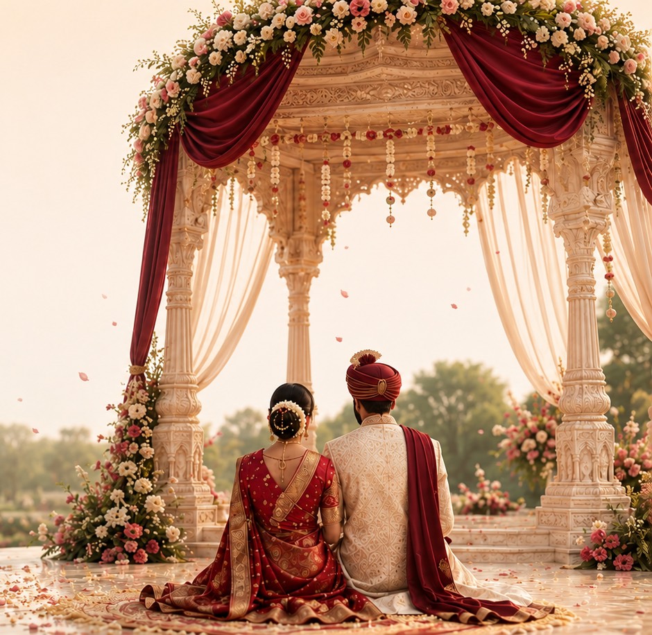Bride and groom seated at their wedding mandap